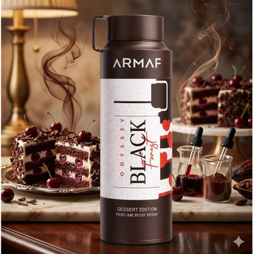 Armaf Odyssey Black Forest Body Spray 6.8 oz for Men | Amber Vanilla Fragrance | Caramel Cherry Vanilla