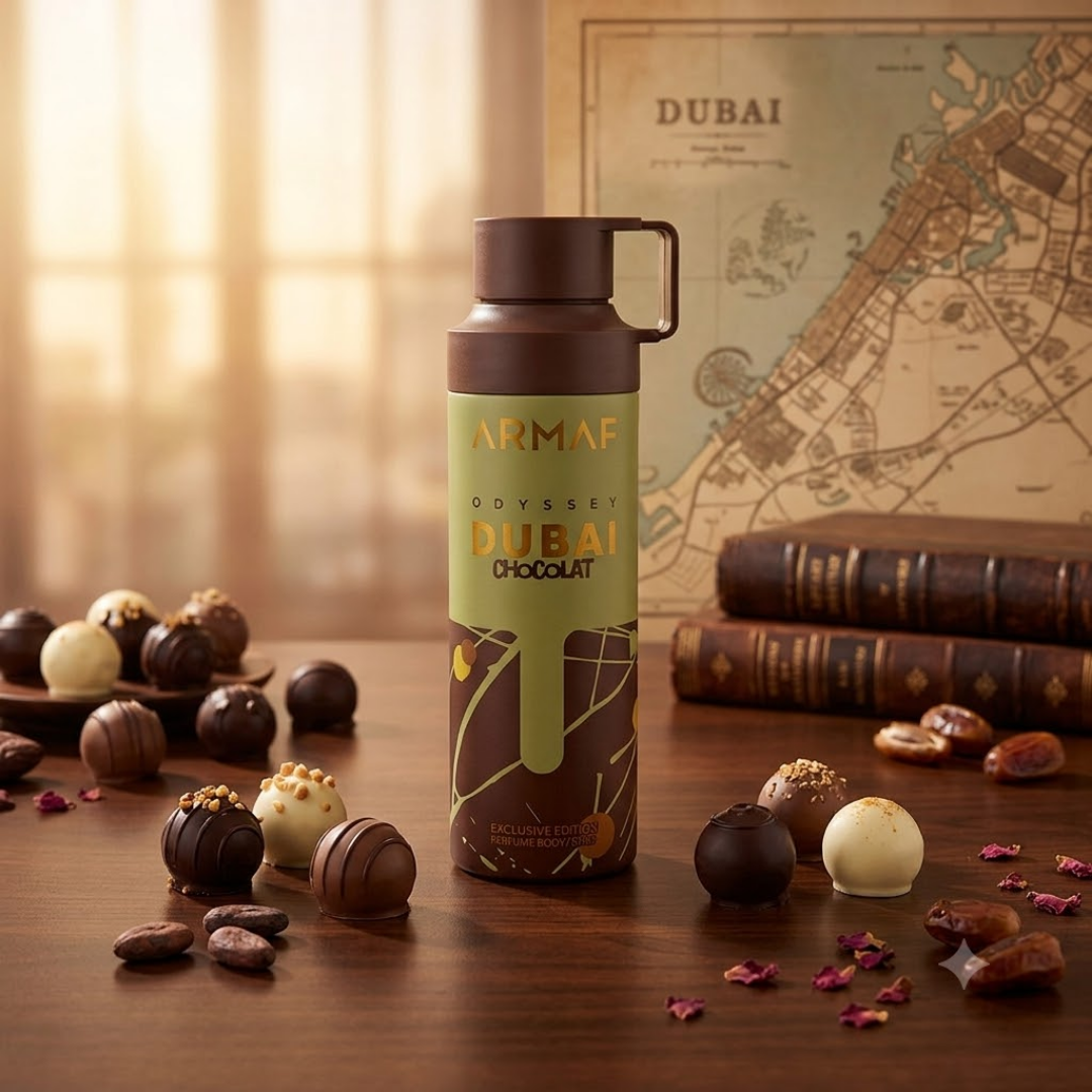 Armaf Odyssey Dubai Chocolat Gourmand Deodorant Body Spray 6.8 oz for Men | Amber Vanilla Fragrance | Coffee Chocolate Caramel