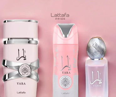 Lattafa Yara 3 Piece Gift Set - 3.4 oz EDP Spray + 6.7 oz Deodorant + 1.7 oz Hairmist