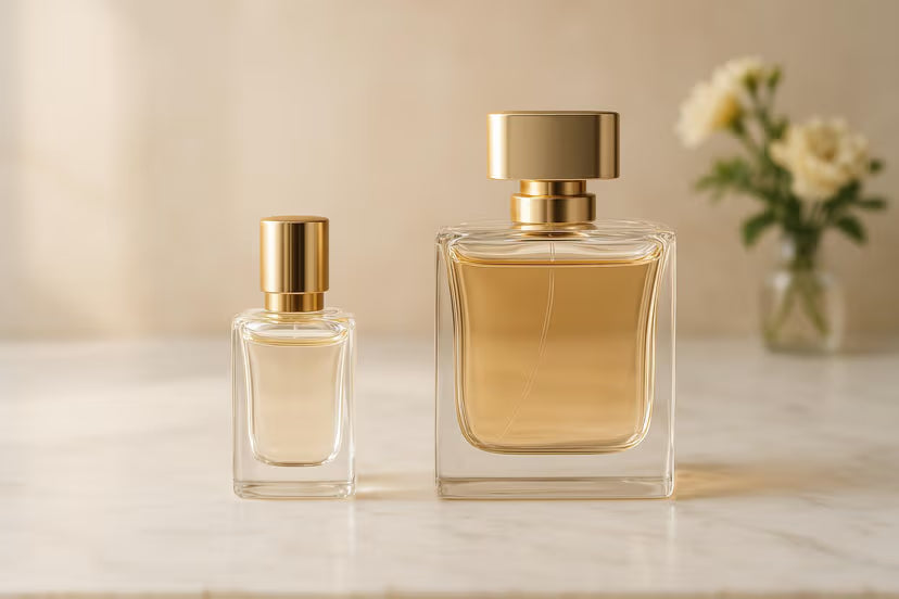 Two elegant perfume bottles with gold caps on a neutral vanity background