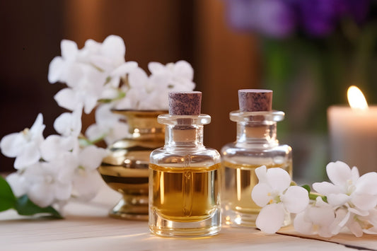 Glass perfume bottles with golden liquid, white flowers, and candlelight symbolizing top, middle, and base fragrance notes.