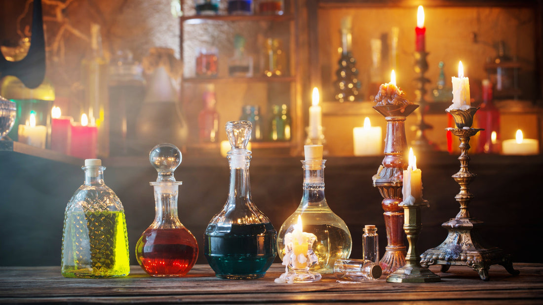 Vintage perfume bottles with Candles in a warm incense-inspired setting