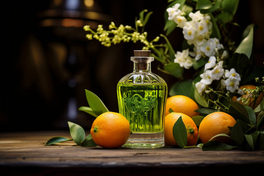 Green perfume bottle surrounded by oranges, glossy leaves, and white flowers on a wooden surface with a dark blurred background
