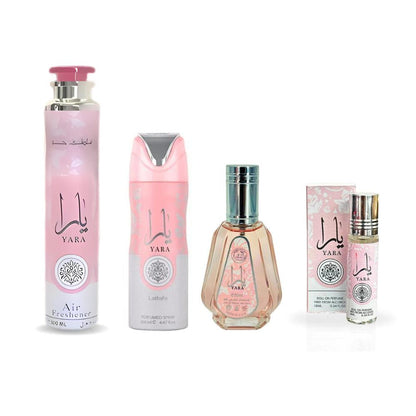 Lattafa Yara 4-Piece Gift Set for Women – 1.7 Oz EDP + Air Freshener + Body Spray + Perfume Oil Fragrance Set