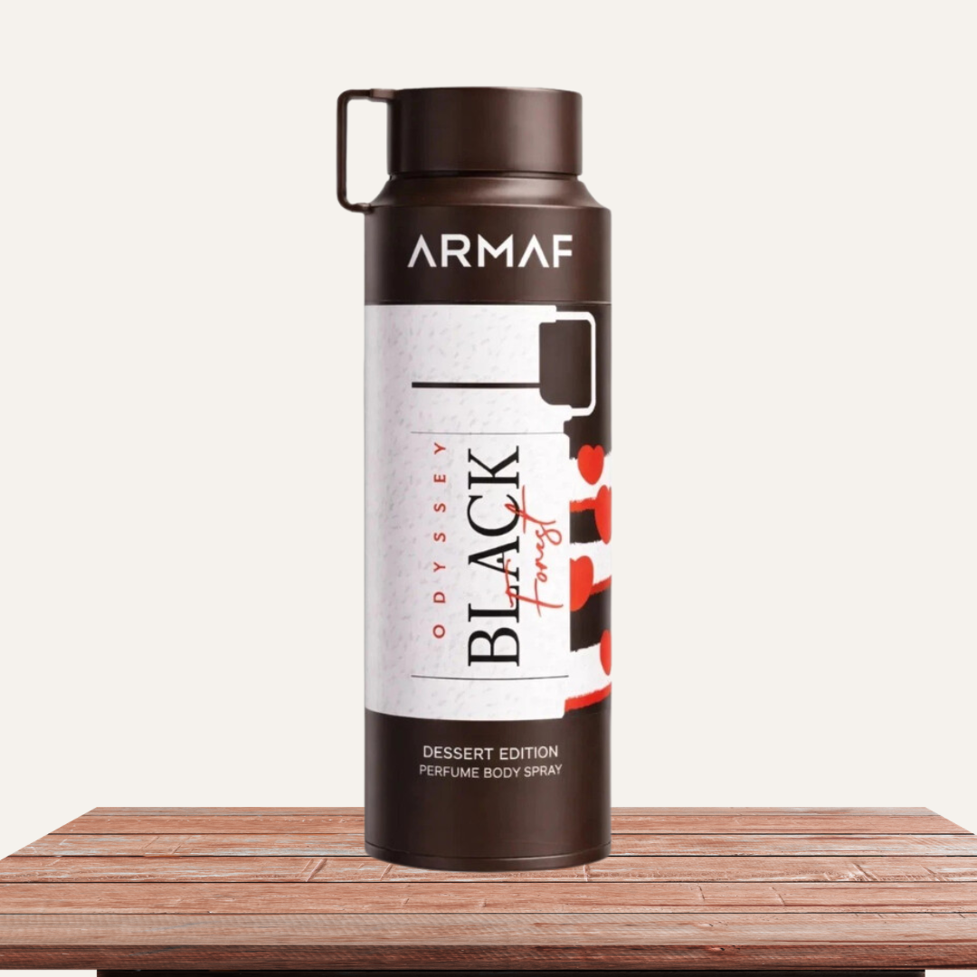 Armaf Odyssey Black Forest Body Spray 6.8 oz for Men | Amber Vanilla Fragrance | Caramel Cherry Vanilla