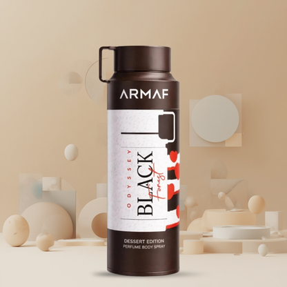 Armaf Odyssey Black Forest Body Spray 6.8 oz for Men | Amber Vanilla Fragrance | Caramel Cherry Vanilla