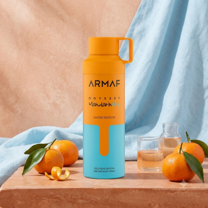 Armaf Odyssey Mandarin Sky Body Spray 6.8 oz for Men | Amber Woody Fragrance | Mandarin Caramel Cedar