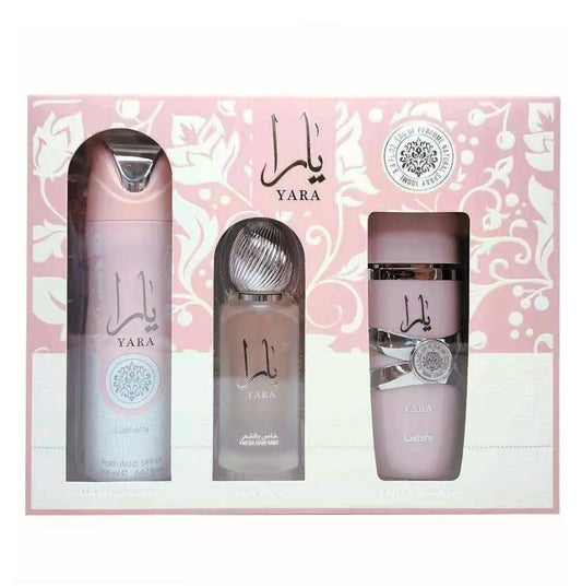 Lattafa Yara 3 Piece Gift Set - 3.4 Oz EDP Spray + 6.7 Oz Deodorant + 1.7 Oz Hairmist