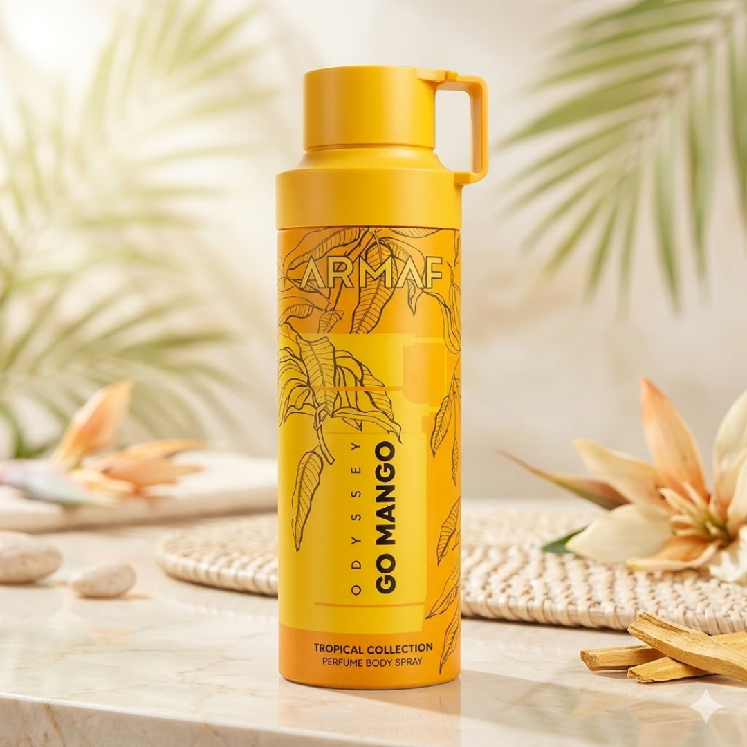 Armaf Odyssey Go Mango Topical Collection Body Spray 6.8 oz for Men | Amber Floral Fragrance | Mango Vanilla Amber