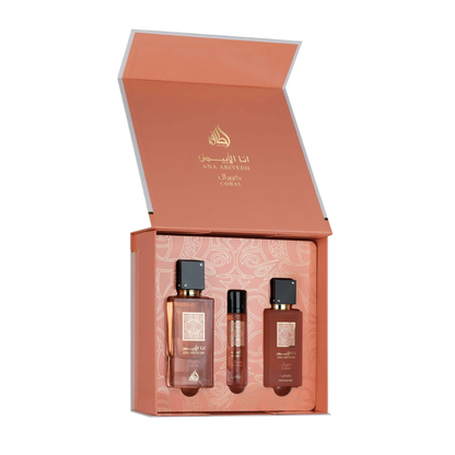 Lattafa Ana Abiyedh Coral Gift Set | Eau de Parfum 60ml + Travel Spray 12ml + Hair Mist 50ml