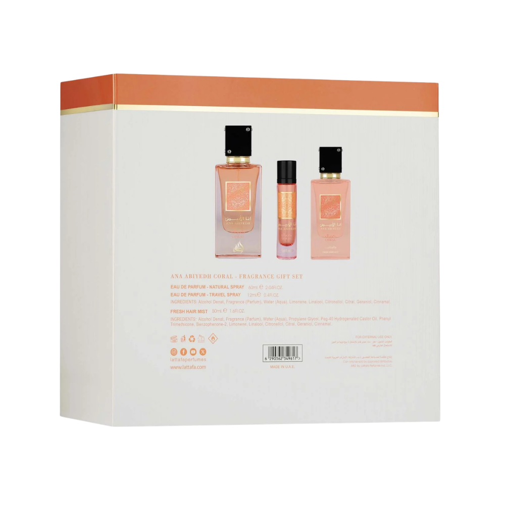 Lattafa Ana Abiyedh Coral Gift Set | Eau de Parfum 60ml + Travel Spray 12ml + Hair Mist 50ml