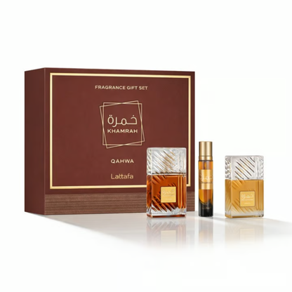 Lattafa Khamrah Qahwa 3-Piece Gift Set | Eau de Parfum 100ml + Travel Spray 12ml + Hair Mist 50ml