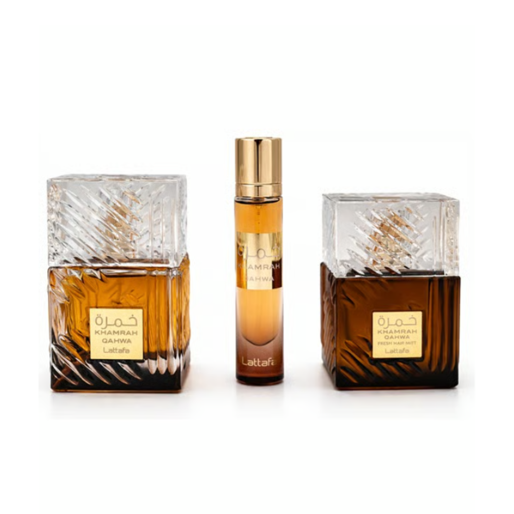 Lattafa Khamrah Qahwa 3-Piece Gift Set | Eau de Parfum 100ml + Travel Spray 12ml + Hair Mist 50ml
