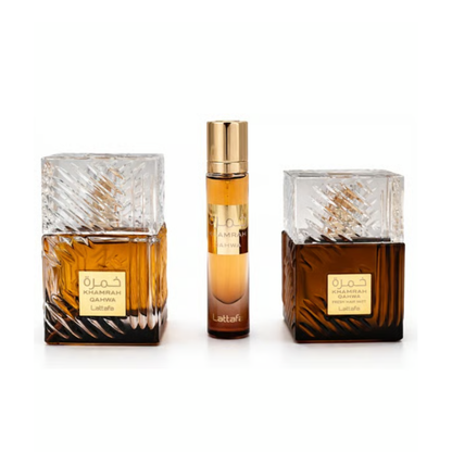 Lattafa Khamrah Qahwa 3-Piece Gift Set | Eau de Parfum 100ml + Travel Spray 12ml + Hair Mist 50ml
