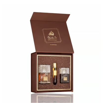 Lattafa Khamrah Qahwa 3-Piece Gift Set | Eau de Parfum 100ml + Travel Spray 12ml + Hair Mist 50ml