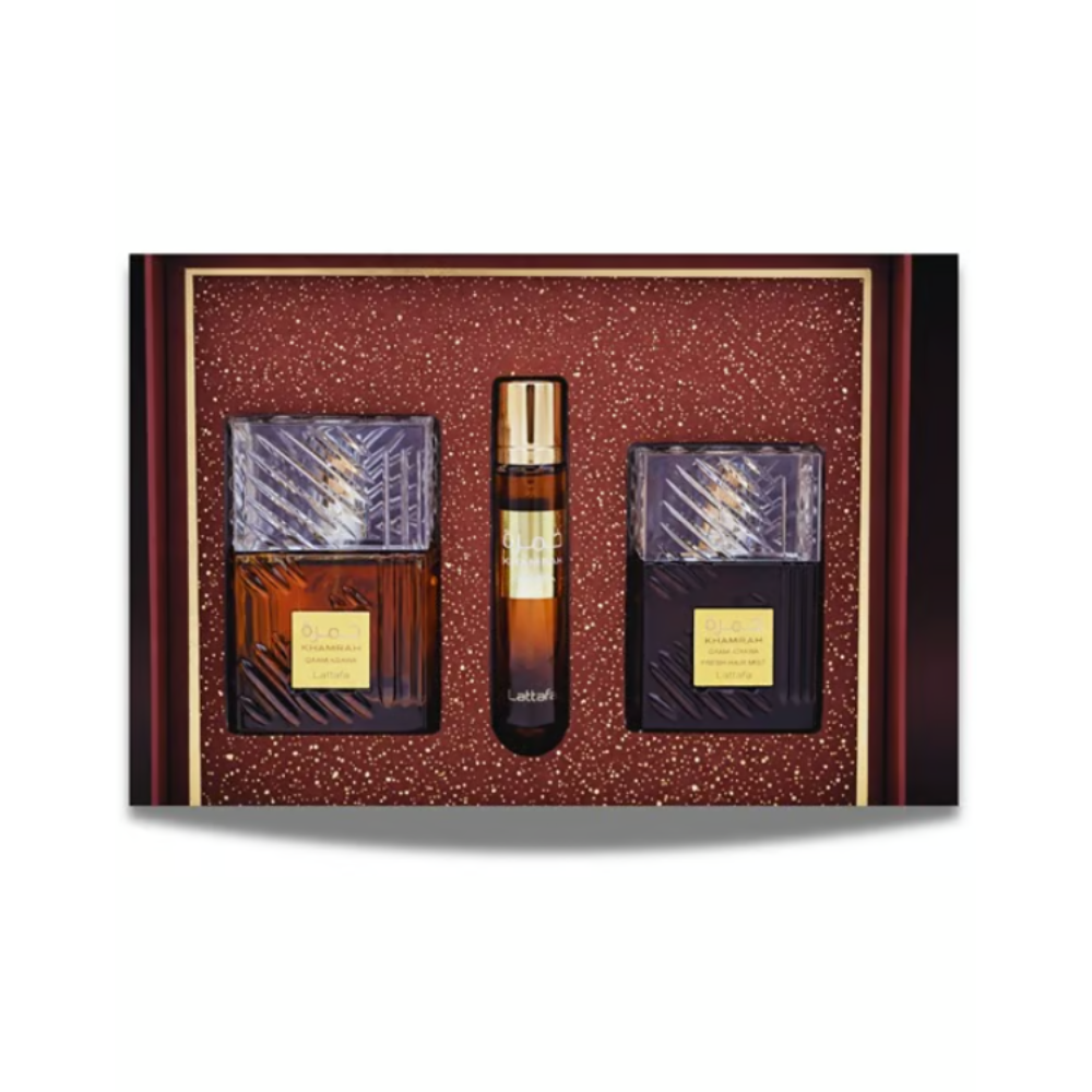 Lattafa Khamrah Qahwa 3-Piece Gift Set | Eau de Parfum 100ml + Travel Spray 12ml + Hair Mist 50ml