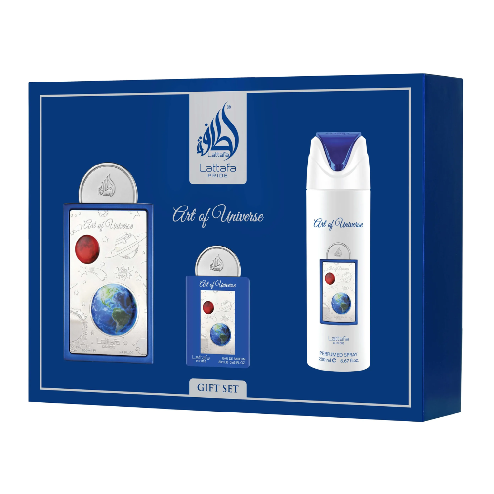 Lattafa Pride Art Of Universe Unisex 3-Piece Gift Set | 3.4 oz EDP + Travel Spray + Deodorant